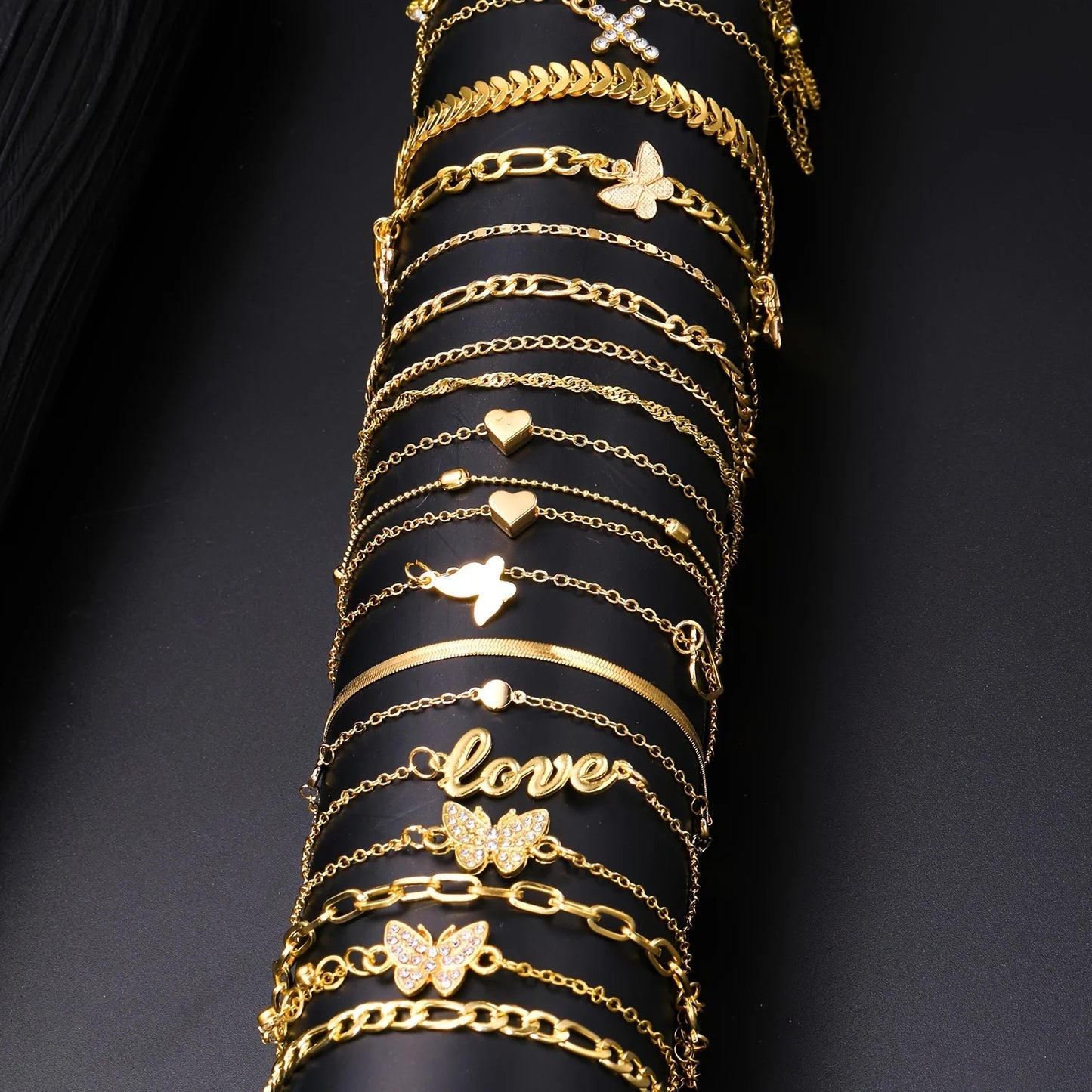 18-Piece Bohemian Summer Anklet Set with Heart & Butterfly Charms