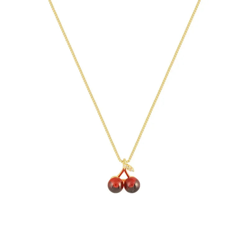 Gold Necklace with Red Cherry Pendant for Women