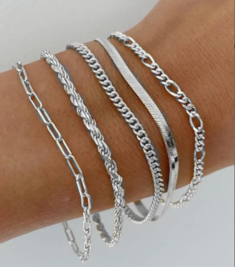 Silver Chain Bead Bracelet Set