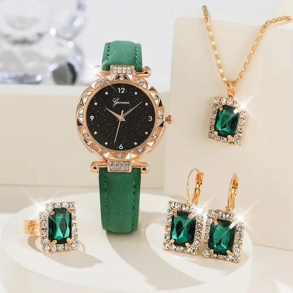 Luxury Rhinestone Watch & Bracelet Set (5 Pcs)