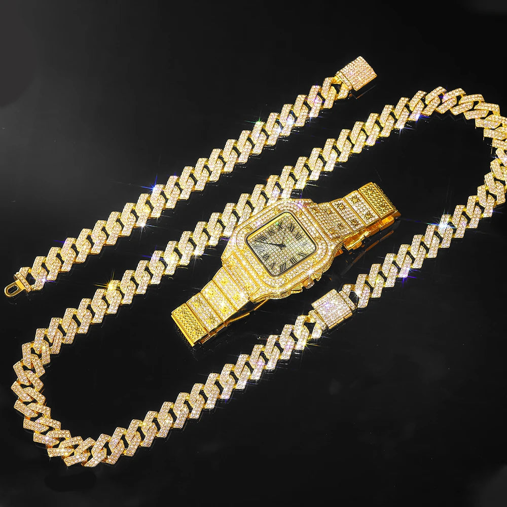 Gold Cuban Chain Watch & Bracelet Set for Men