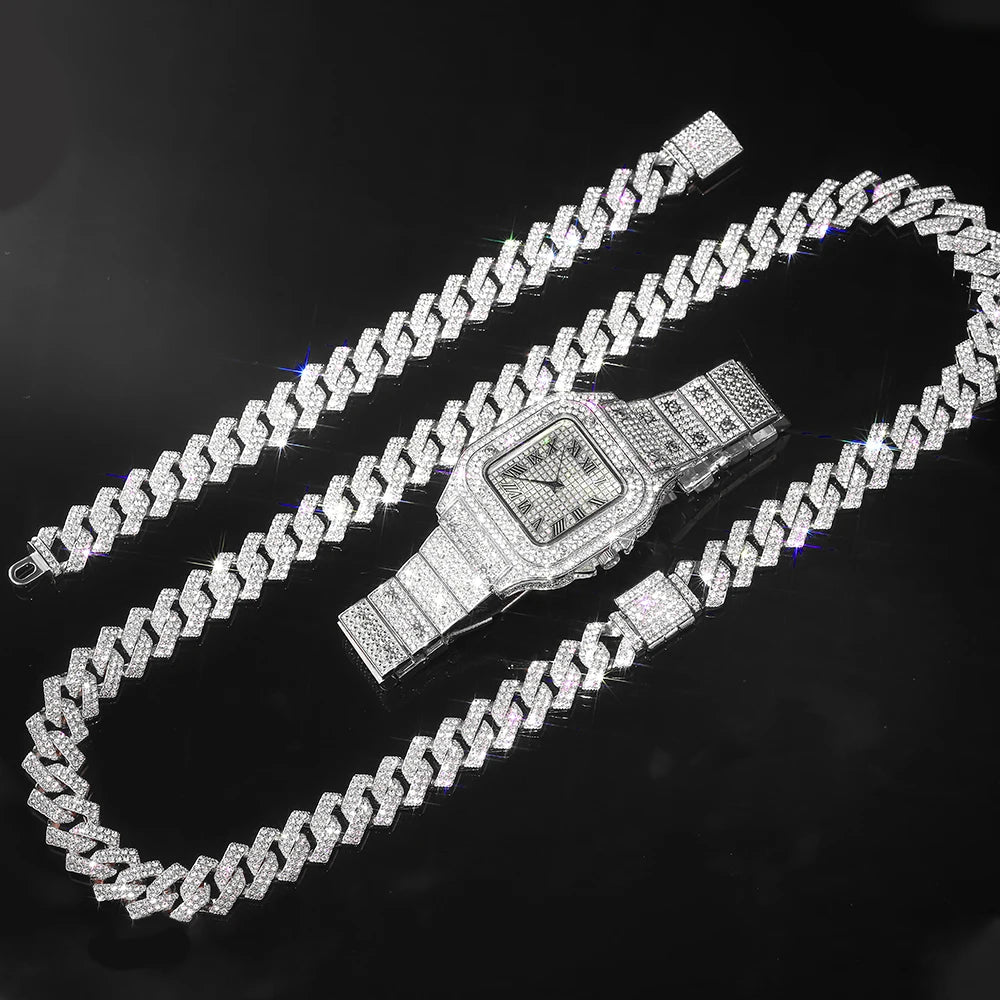 Gold Cuban Chain Watch & Bracelet Set for Men