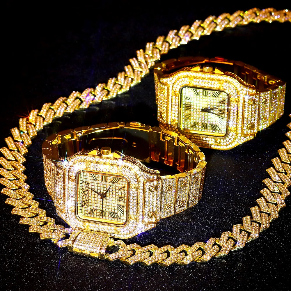 Gold Cuban Chain Watch & Bracelet Set for Men