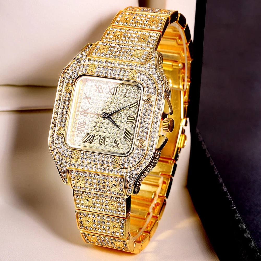 Gold Cuban Chain Watch & Bracelet Set for Men