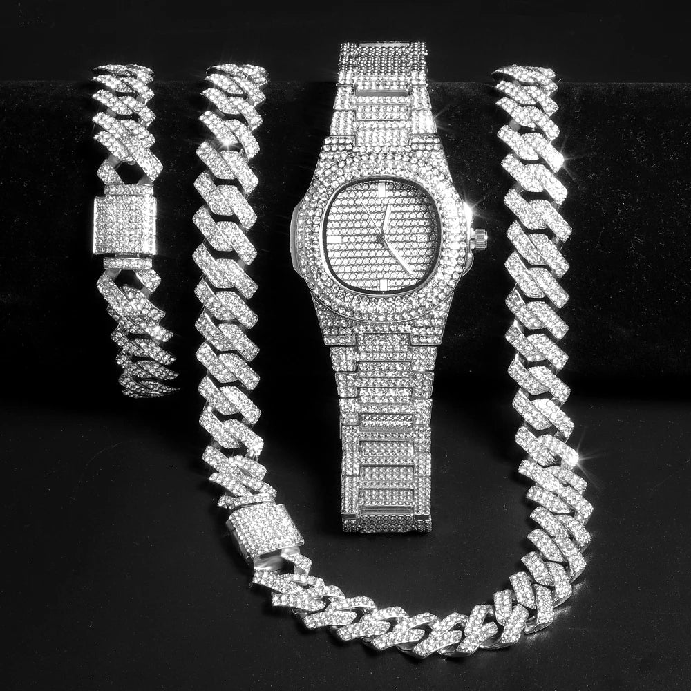 Gold Cuban Chain Watch & Bracelet Set for Men