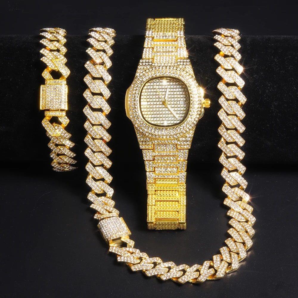 Gold Cuban Chain Watch & Bracelet Set for Men