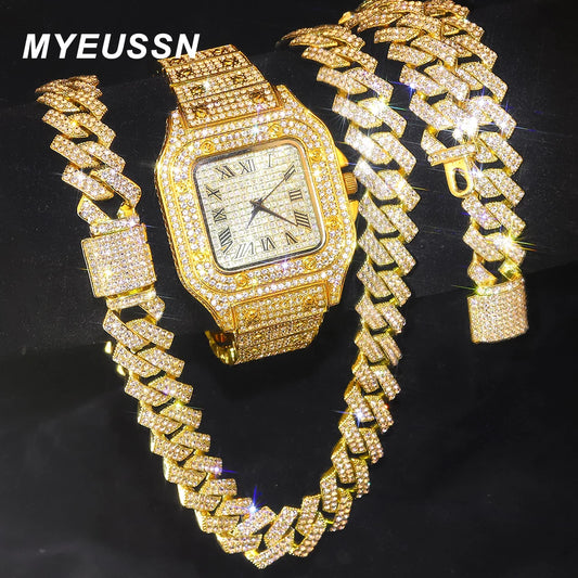 Gold Cuban Chain Watch & Bracelet Set for Men
