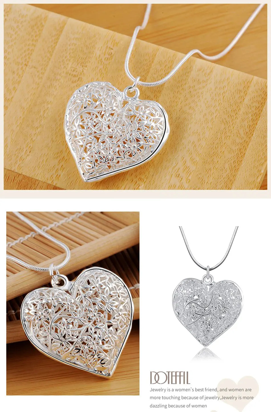 Sterling Silver Heart Pendant Snake Chain Necklace