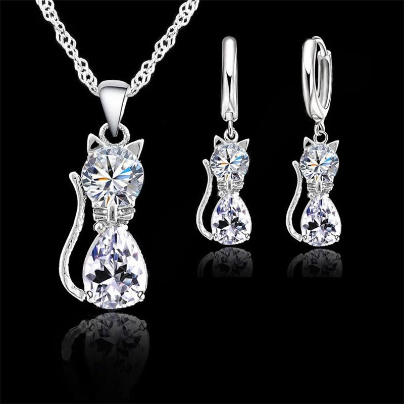 925 Silver Cat Jewelry Set with Crystal Pendant & Earrings.