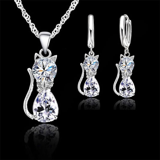 925 Silver Cat Jewelry Set with Crystal Pendant & Earrings.