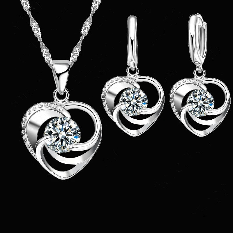 Silver Heart Necklace & Earrings Set for Women