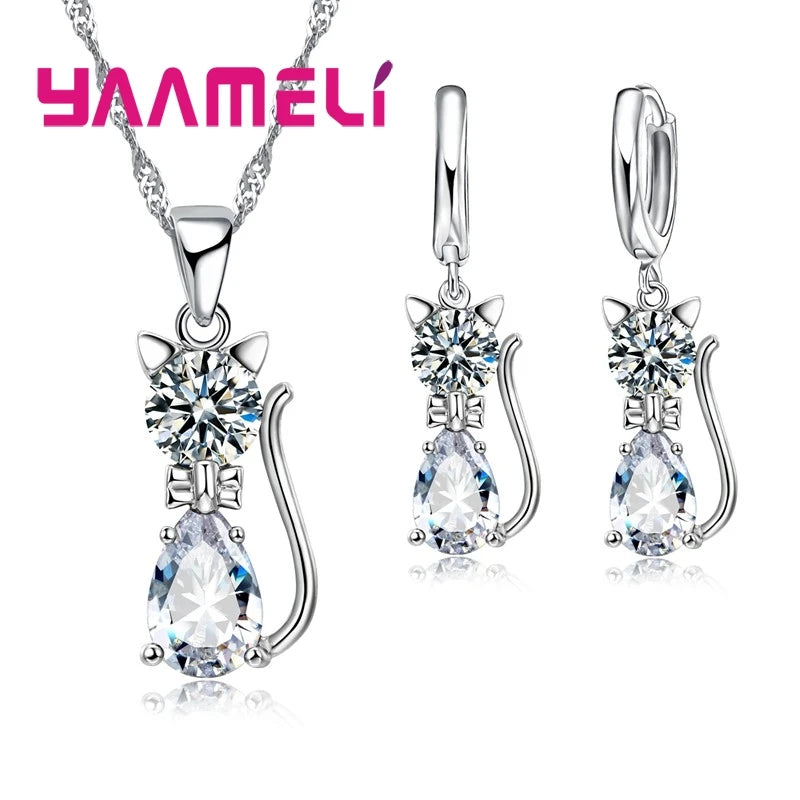 925 Silver Cat Jewelry Set with Crystal Pendant & Earrings.