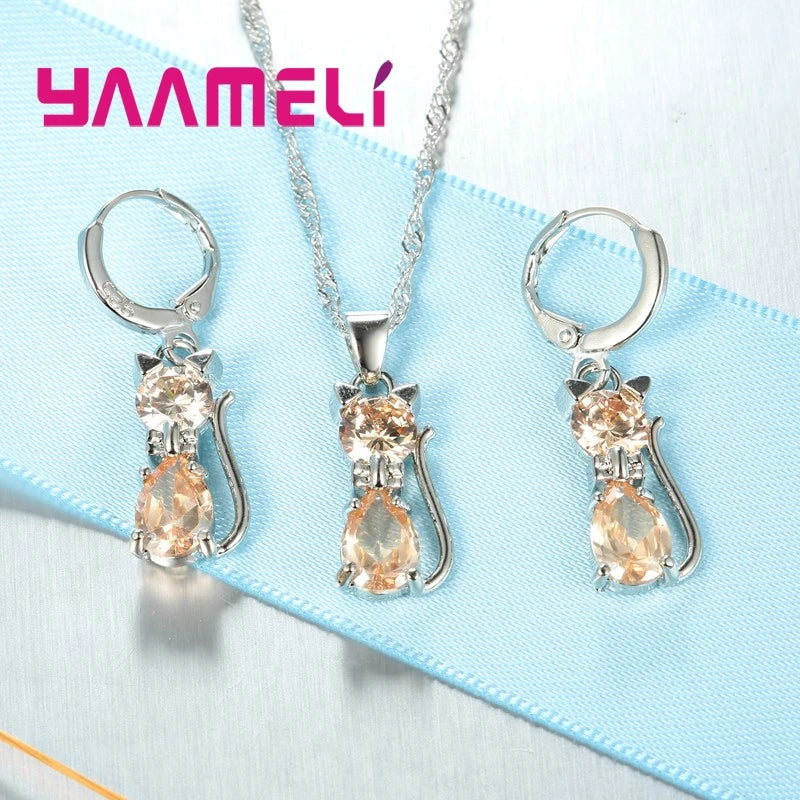 925 Silver Cat Jewelry Set with Crystal Pendant & Earrings.