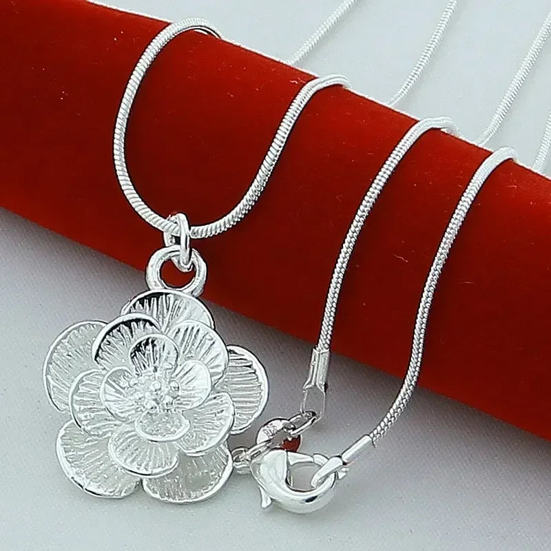 Silver Rose Flower Pendant Necklace – Snake Chain