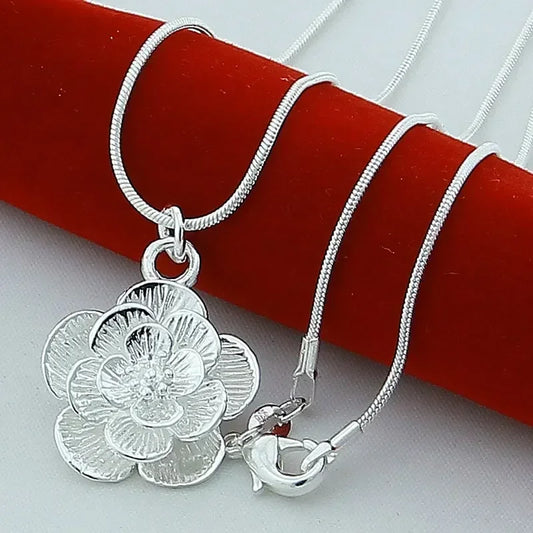 Silver Rose Flower Pendant Necklace – Snake Chain