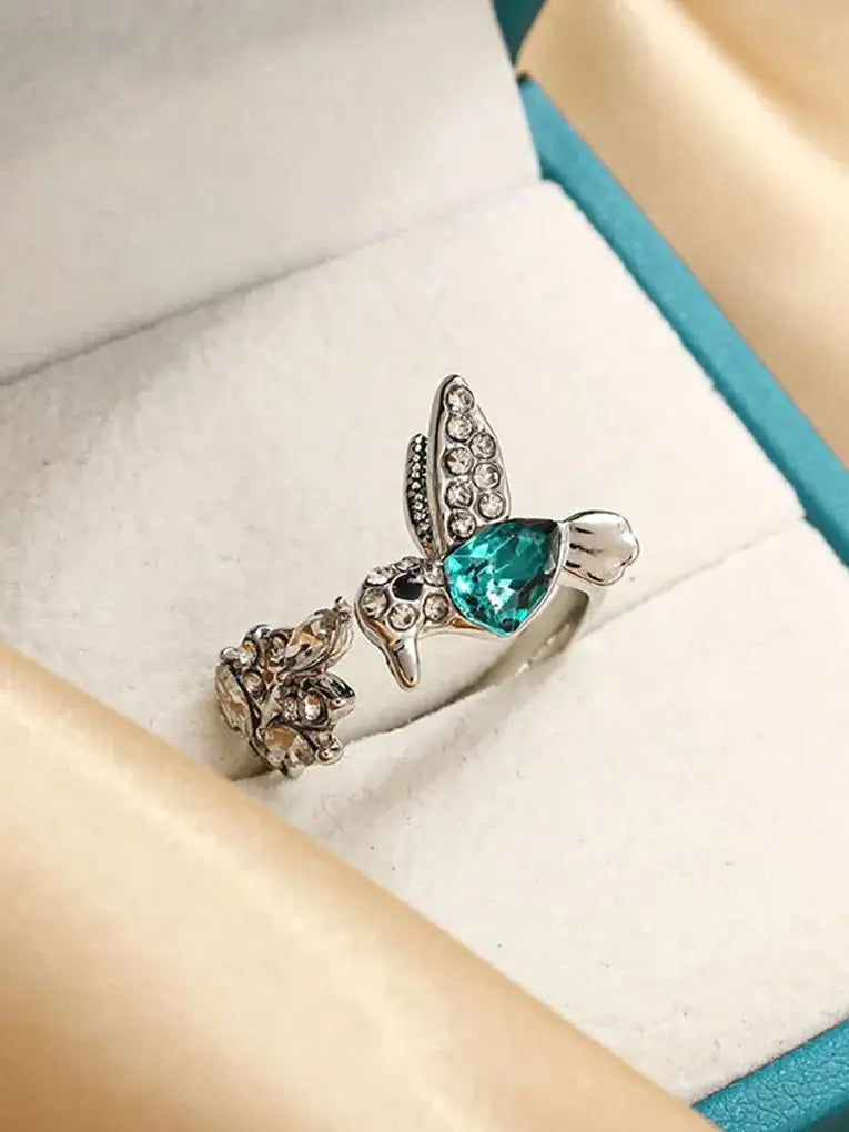 Adjustable Hummingbird Ring with Natural Blue Stone
