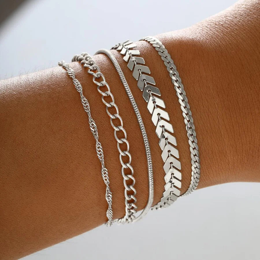 Silver Chain Bead Bracelet Set