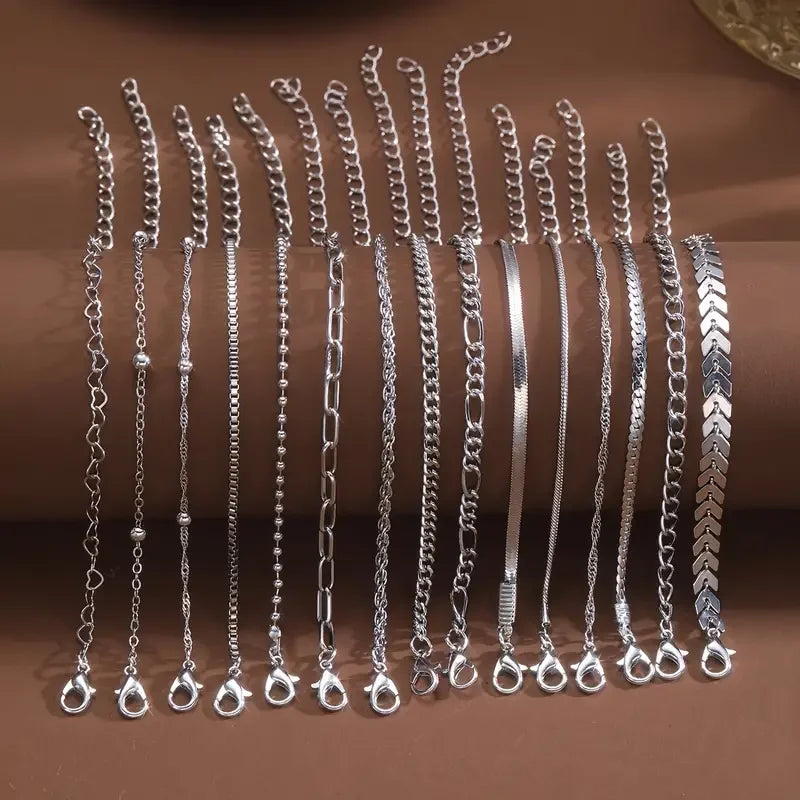 Silver Chain Bead Bracelet Set