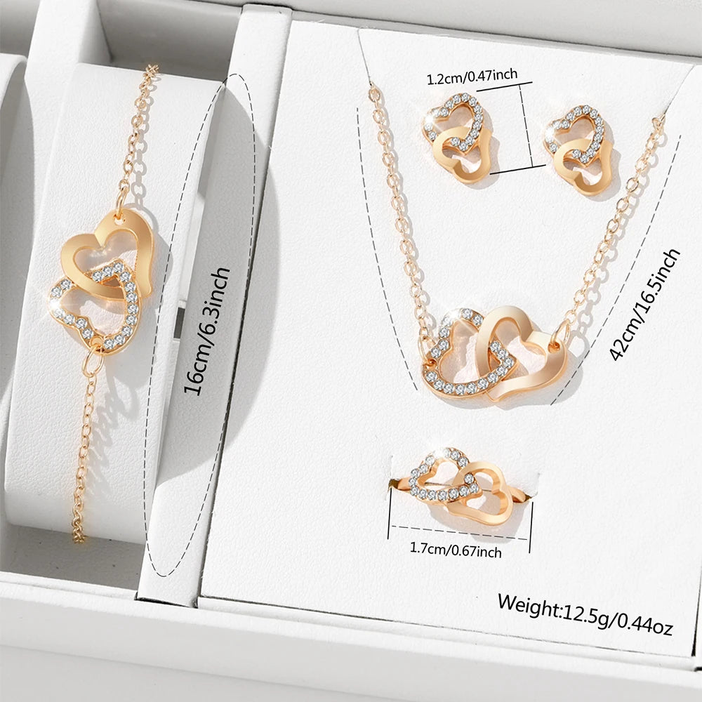 Elegant Gold Heart Rhinestone 5-Piece Jewelry Set