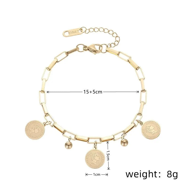 Golden Stainless Steel Bracelet with Round Hip Hop Pendant