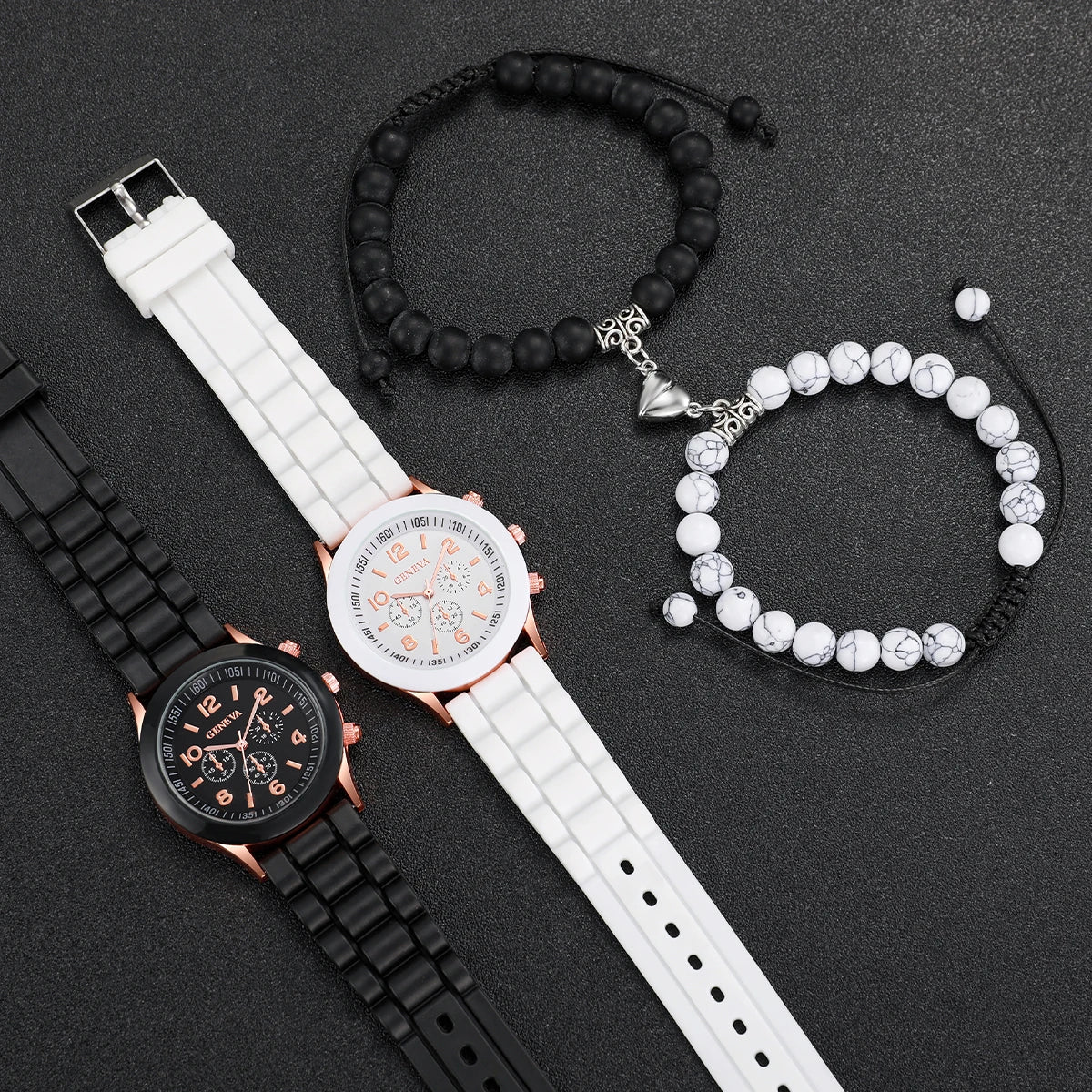 4PCS Couple Quartz Watches with Heart Bracelets