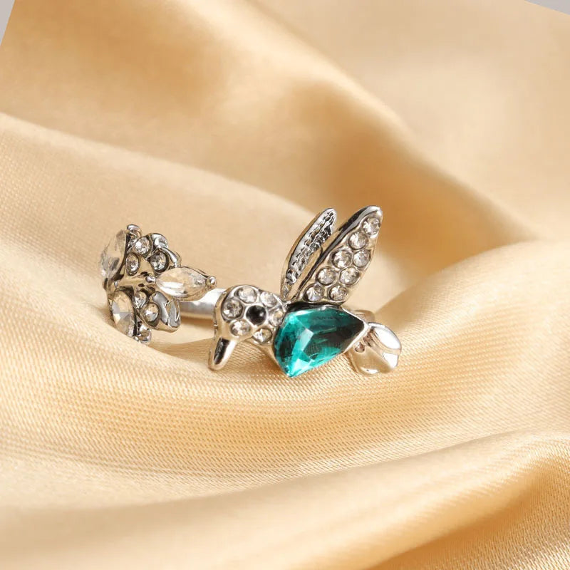 Adjustable Hummingbird Ring with Natural Blue Stone