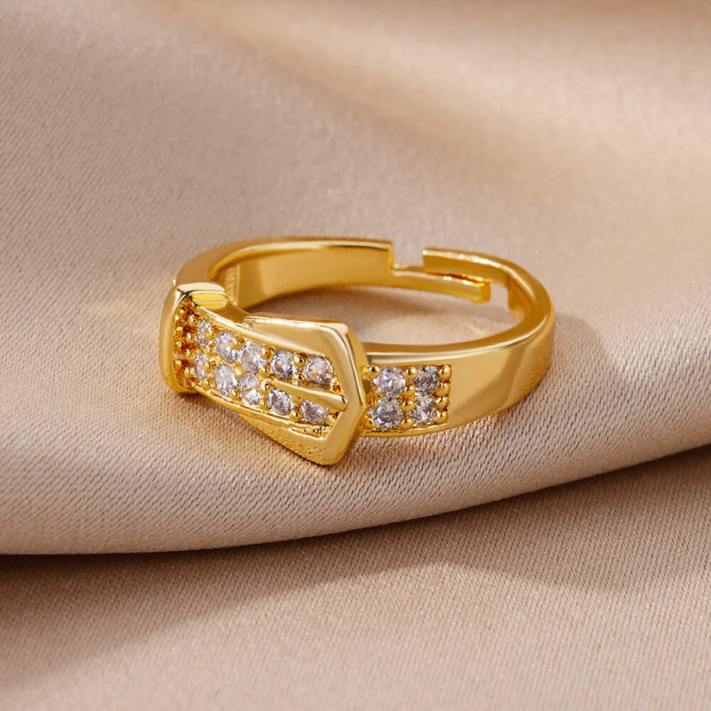 Gold Buckle Zircon Adjustable Ring