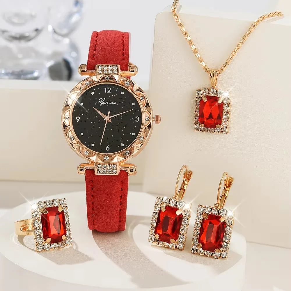 Luxury Rhinestone Watch & Bracelet Set (5 Pcs)