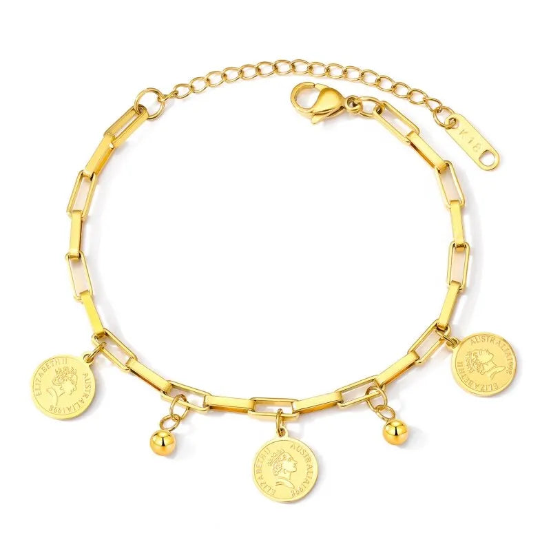 Golden Stainless Steel Bracelet with Round Hip Hop Pendant