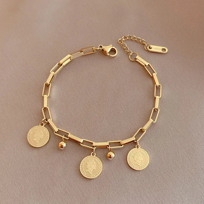 Golden Stainless Steel Bracelet with Round Hip Hop Pendant