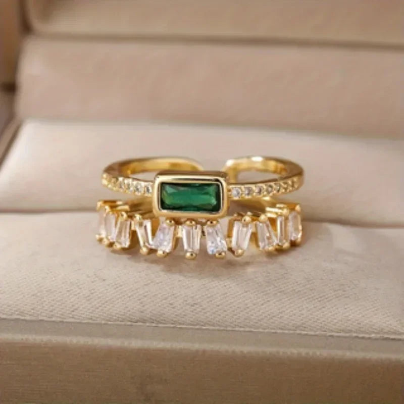 Light Green Retro Double Layer Zircon Ring for Women