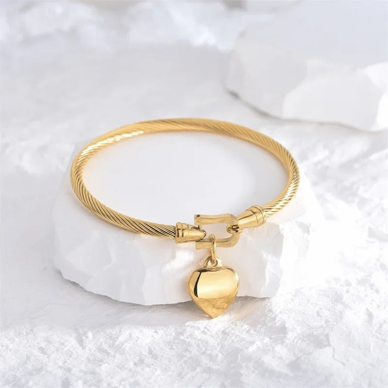 Gold Stainless Steel Heart Bangle
