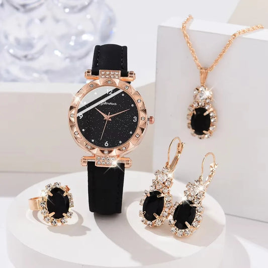 Luxury Rhinestone Watch & Bracelet Set (5 Pcs)