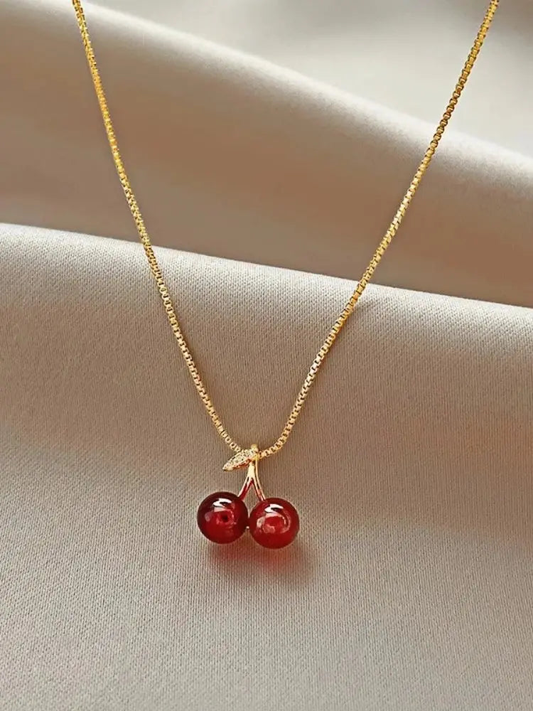 Gold Necklace with Red Cherry Pendant for Women