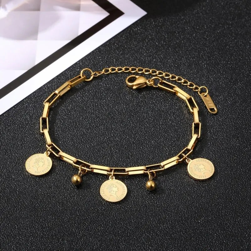 Golden Stainless Steel Bracelet with Round Hip Hop Pendant