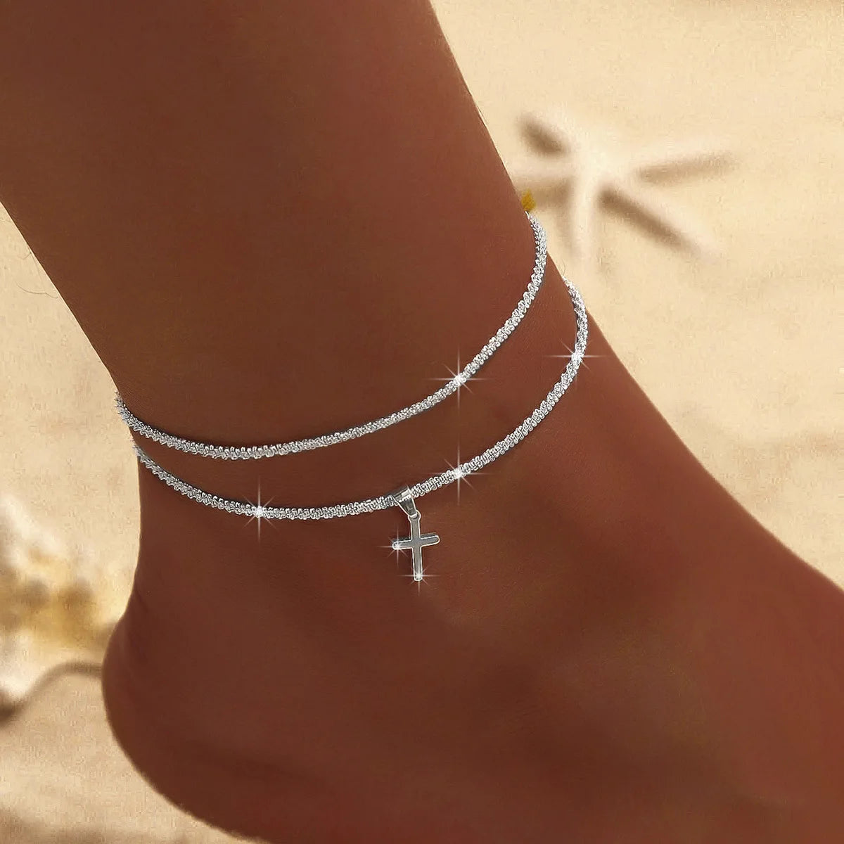 2pcs Sparkling Silver Star Anklet Set