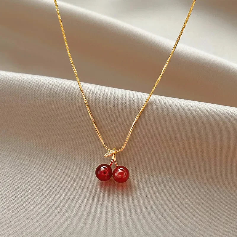 Gold Necklace with Red Cherry Pendant for Women