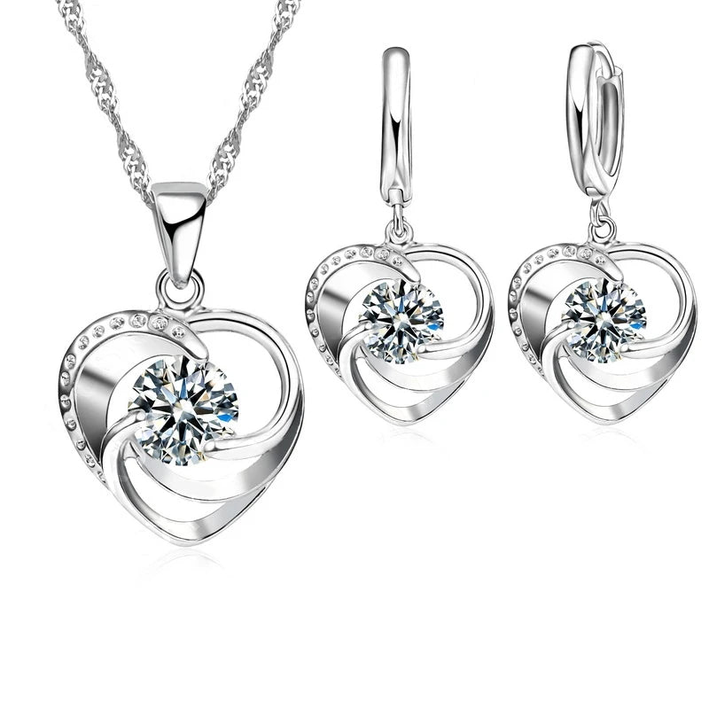 Silver Heart Necklace & Earrings Set for Women