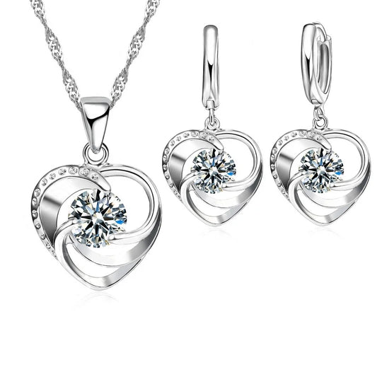 Silver Heart Necklace & Earrings Set for Women