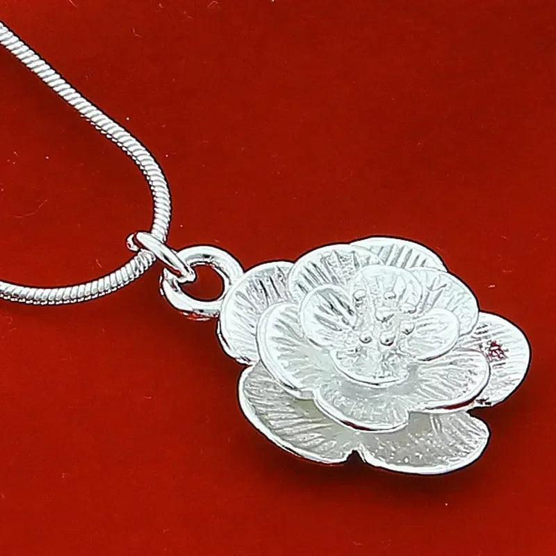 Silver Rose Flower Pendant Necklace – Snake Chain