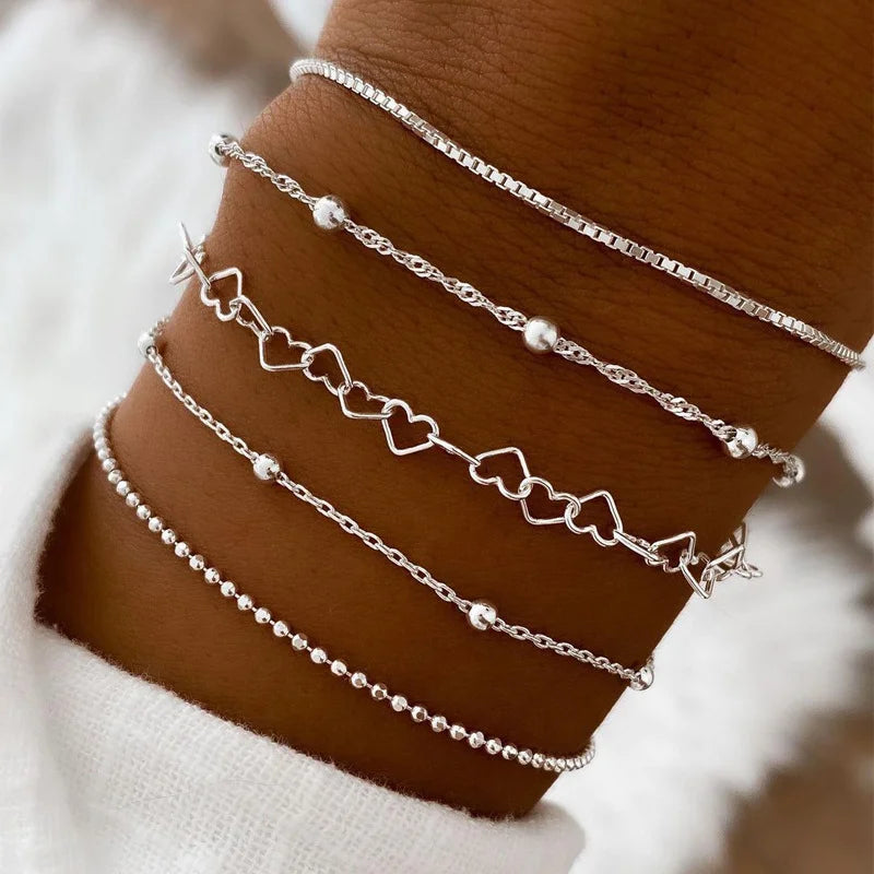 Silver Chain Bead Bracelet Set