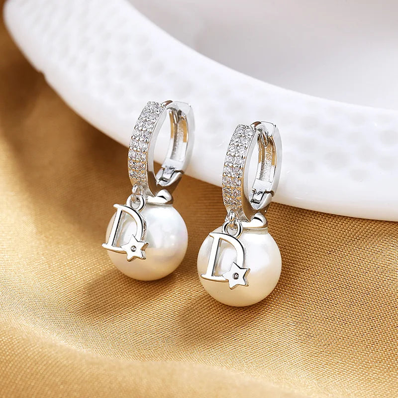 Korean Pearl Drop Hoop Earrings for Women