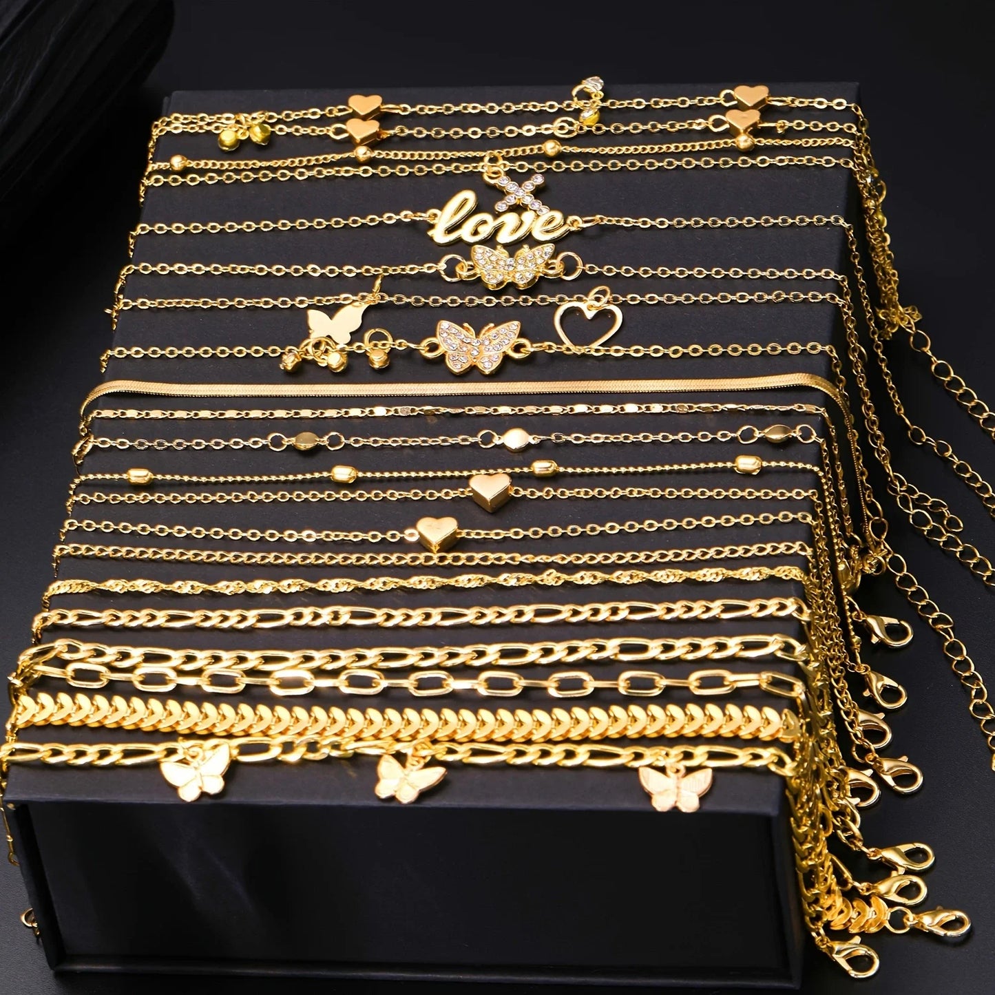 18-Piece Bohemian Summer Anklet Set with Heart & Butterfly Charms