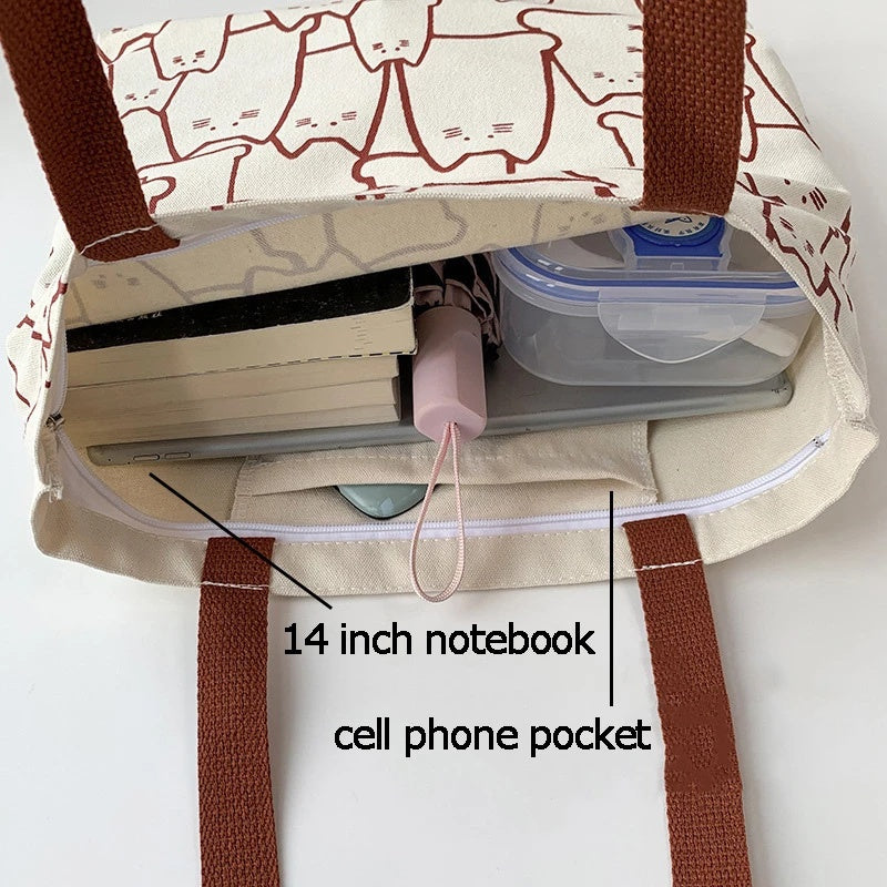 Cute Cat Canvas Tote Bag – Japanese Style Shoulder Bag