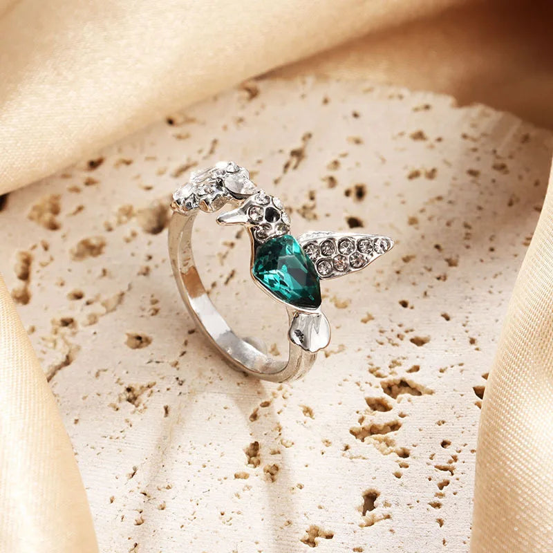 Adjustable Hummingbird Ring with Natural Blue Stone