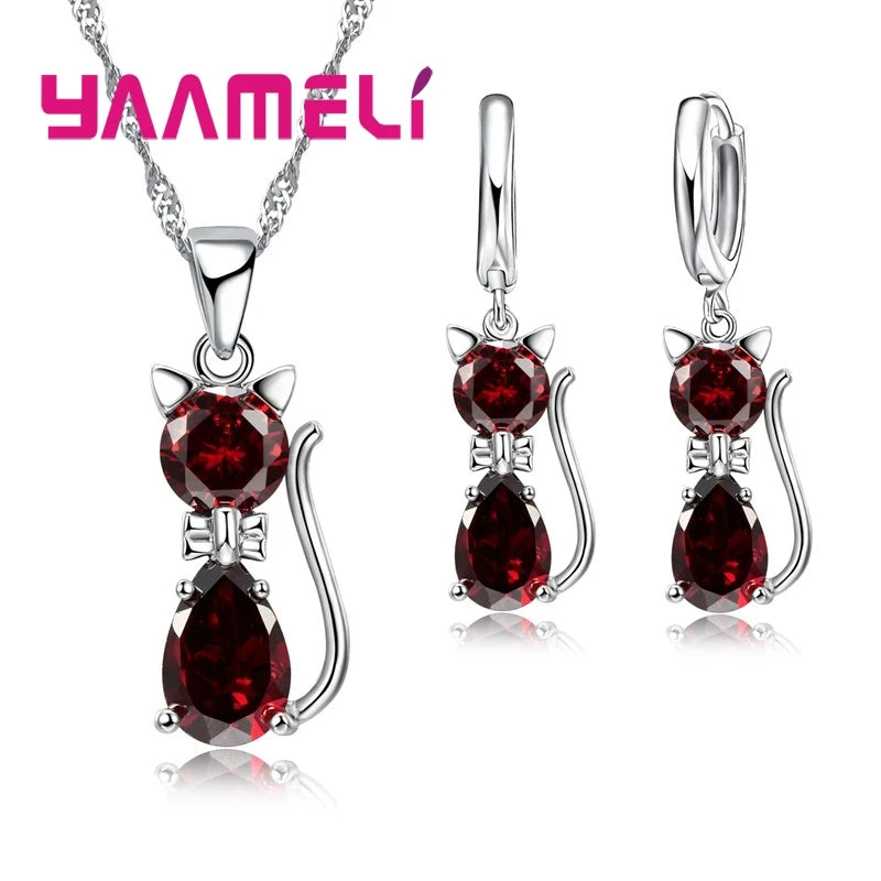 925 Silver Cat Jewelry Set with Crystal Pendant & Earrings.