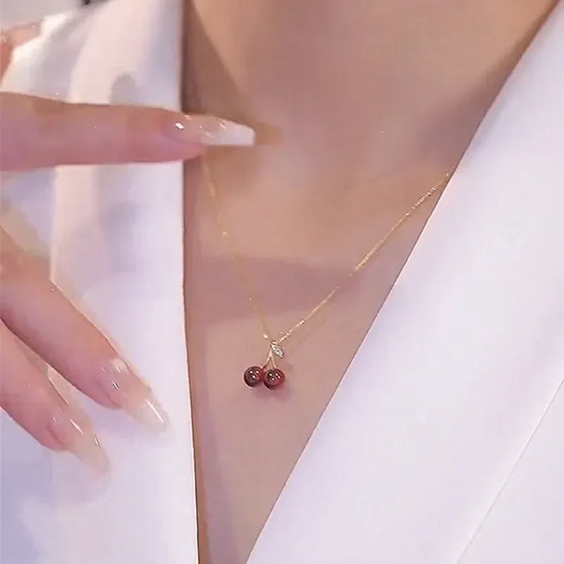 Gold Necklace with Red Cherry Pendant for Women