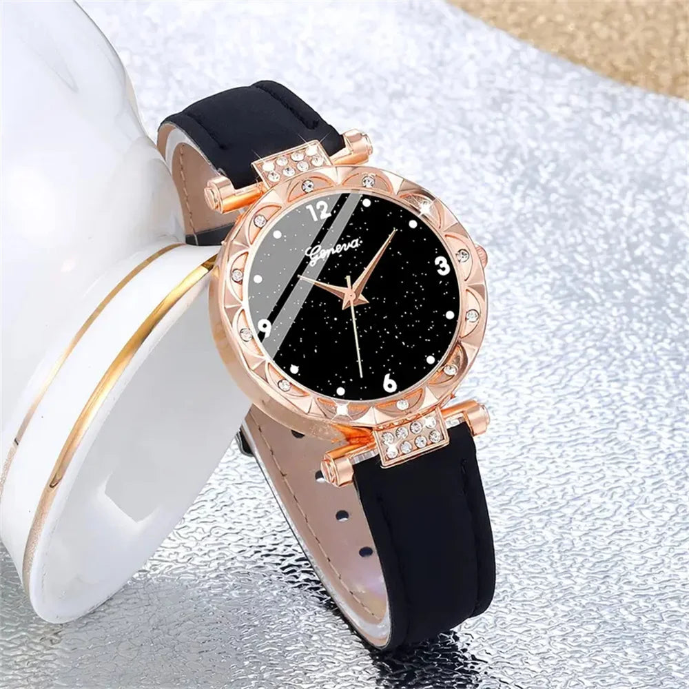 Luxury Rhinestone Watch & Bracelet Set (5 Pcs)