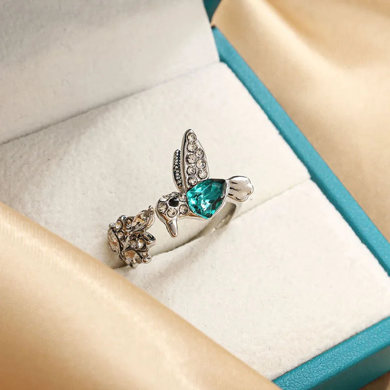 Adjustable Hummingbird Ring with Natural Blue Stone