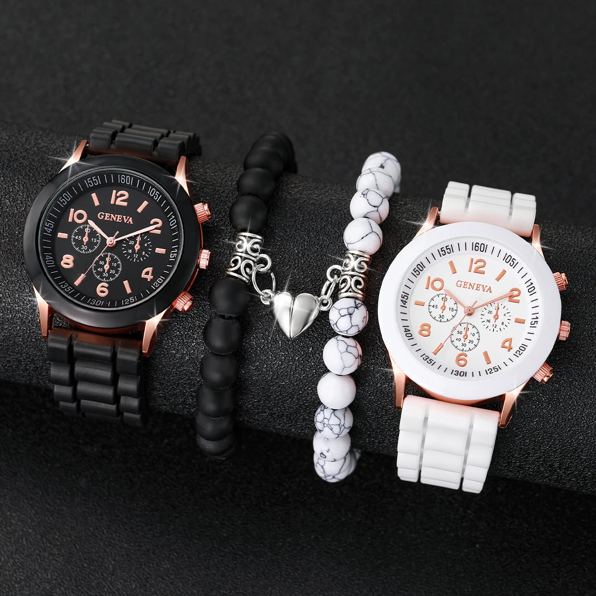 4PCS Couple Quartz Watches with Heart Bracelets